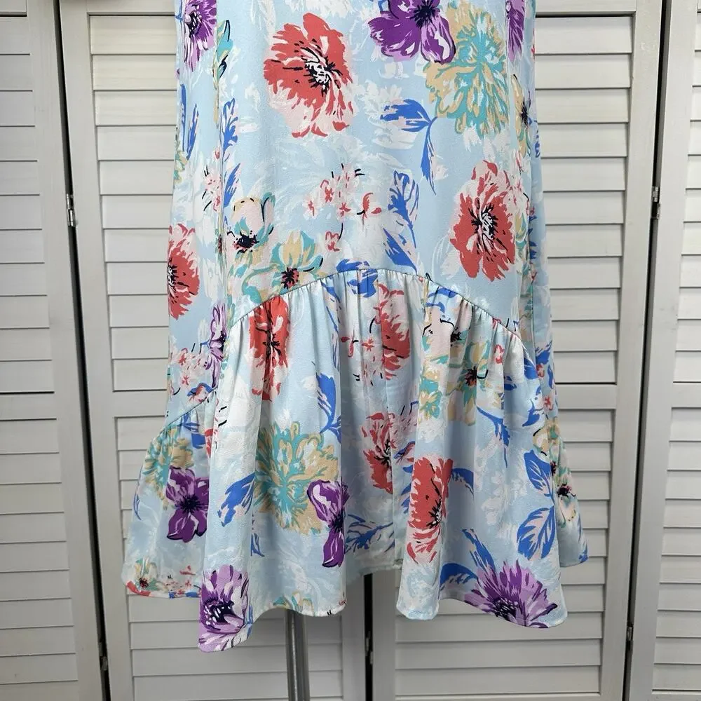 New Tolani Iggy‎ Floral Dress Pleated Ruffle Babydoll V Neck Womens Size L